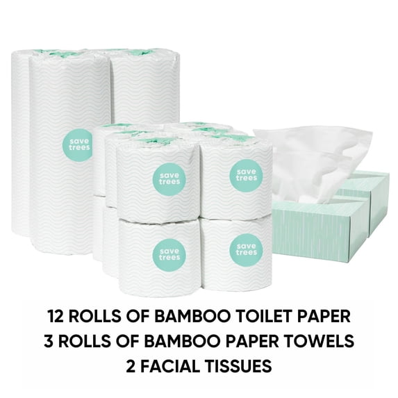 Save Trees Starter Box - 12 Bamboo Toilet Paper Rolls, 3 Paper Towels, 2 Facial Tissues