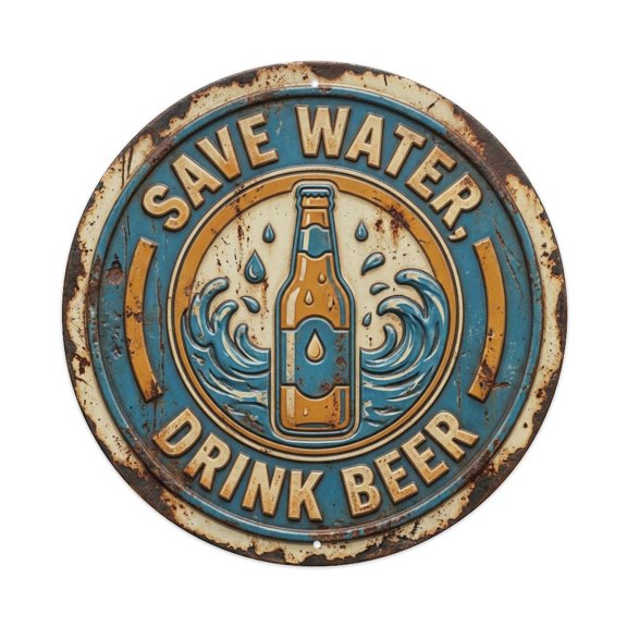 Save Water Drink Beer Vintage Indoor Ornament Retro Slogans Vintage Metal Tin Sign Plaque Wall Decor for Cafe, Club, Garden Round Metal Poster 8x8Inch