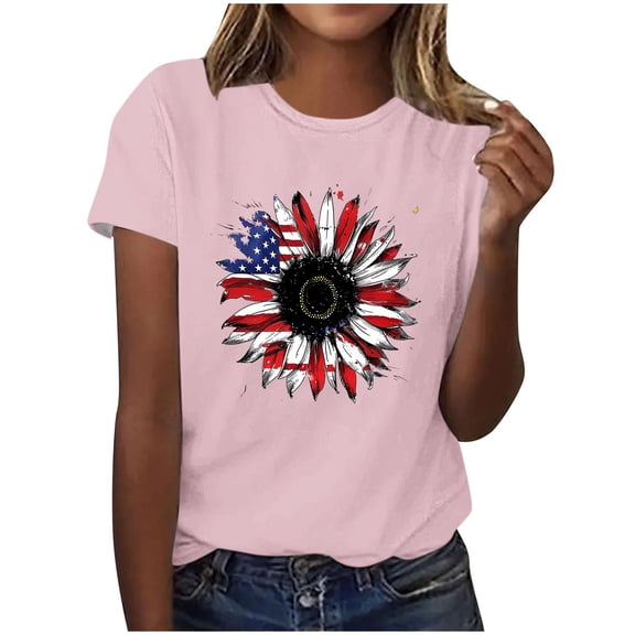 Save On Women's Independence Day T Shirts Sun-Flower Printed T-Shirts American Flag Graphic Tops Shirts Round Neck Short Sleeve Tee Blouses Comfort Casual Tunic Blouse Beach Vacation Party Clothes