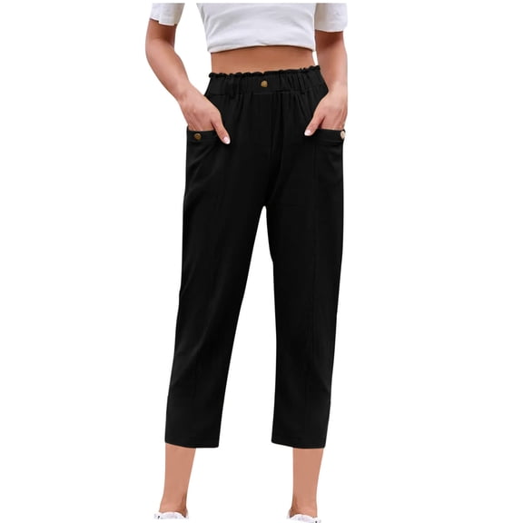 Save On Womens Cotton Linen Pants High Waisted Causal Capri Pants Buckle Elastic Waist Capris Baggy Relaxed Fit Trouser Plain Classic Pants Dressy Work Clothes with Pockets