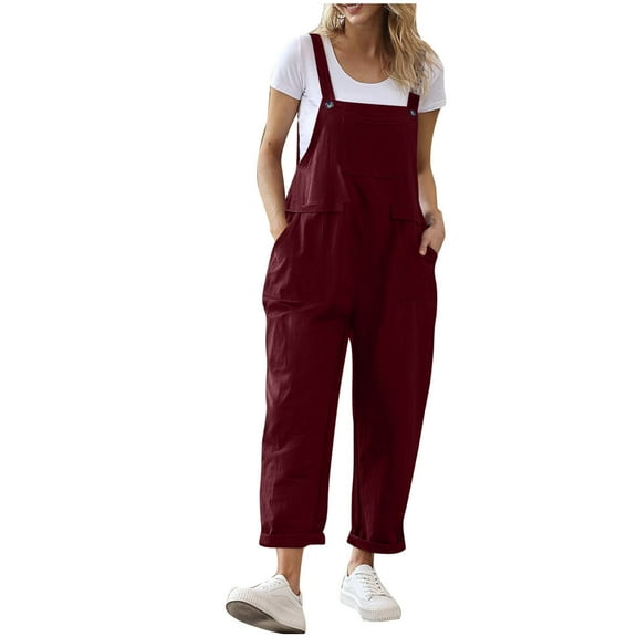 Save On Womens Summer Jumpsuit Cotton Linen One-Piece Romper Plain Basic Jumpsuits Straight Baggy Stretchy Wide Leg Palazzo Pants Travel Beach Summer Romper with Pockets