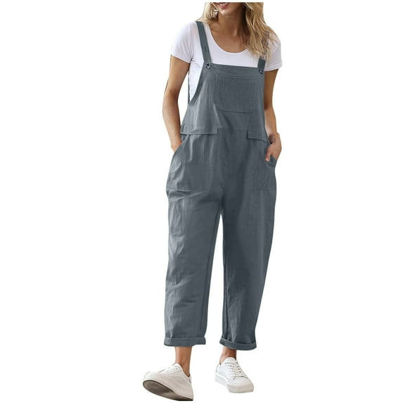 Save On Womens Summer Jumpsuit Cotton Linen One-Piece Romper Plain Basic Jumpsuits Straight Baggy Stretchy Wide Leg Palazzo Pants Travel Beach Summer Romper with Pockets