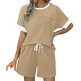 thumbnail image 1 of Save On Womens Summer Sets with Pockets Crewneck Short Sleeves T-Shirt Bermuda Shorts with Drawstring Waist Loose Fit Color Block Design Matching 2 Piece Sets, 1 of 7