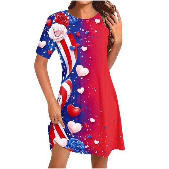 Save On Womens Usa Flag Star Printed Dress Summer Ladies Scooped Neck Short Sleeve Sun-Dress Elastic High Waist Sundress Independence Day Patriotic Shirt Baggy Boho Beach Mid-Dress