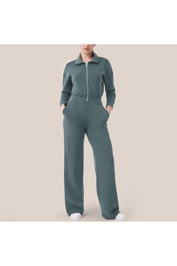 Save for Spring AXXD Womens Leggings Long Sleeve Zipper Turn-down Collar Bodycon Solid Wide Legging Jumpsuit Rompers With Pocket