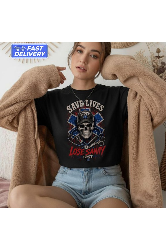 Save lives lose sanity emt T-Shirt, Paramedic Skull Graphic Tee, Emergency Medicine First Responder Gift for ems Week, Med Worker Apparel