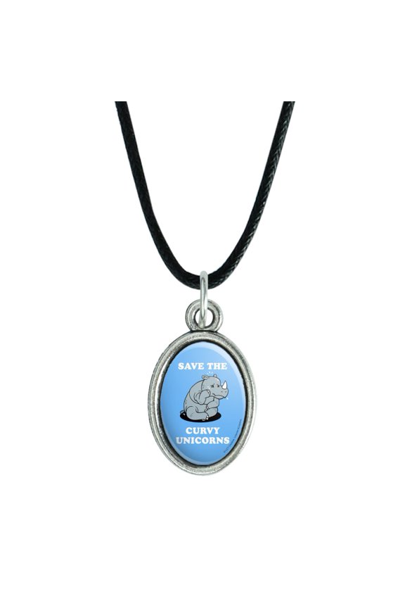 Save the Curvy Unicorns Rhino Funny Humor Antiqued Oval Charm Pendant with Black Satin Cord