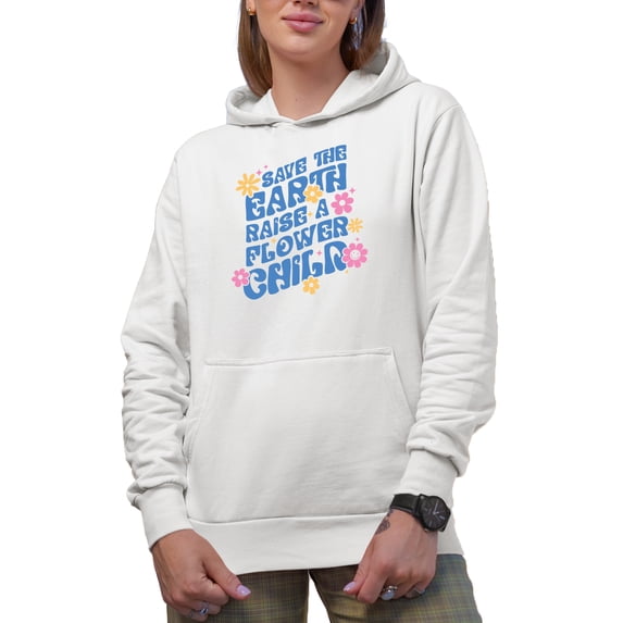 Save the Earth Raise a Flower Child, Retro Wavy Text Art, Earth Day Merch Gift, White Hooded Sweatshirt or Hoodie, Small