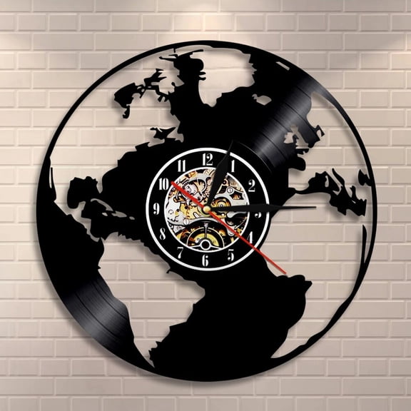 Save the Earth World Map Vinyl Wall Clock,Vinyl Record Clock Wall Art Black Handmade Art Home Unique Gift idea