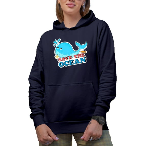 Save the Ocean & Cute Whale Art, Earth Day & Environmentalist Merch Gift, Navy Blue Hooded Sweatshirt or Hoodie, XL