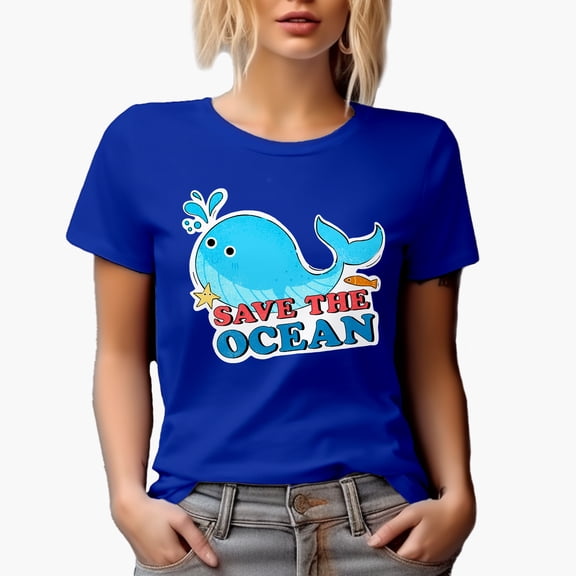 Save the Ocean & Cute Whale Art, Earth Day & Environmentalist Merch Gift, Royal Blue T-Shirt, Medium