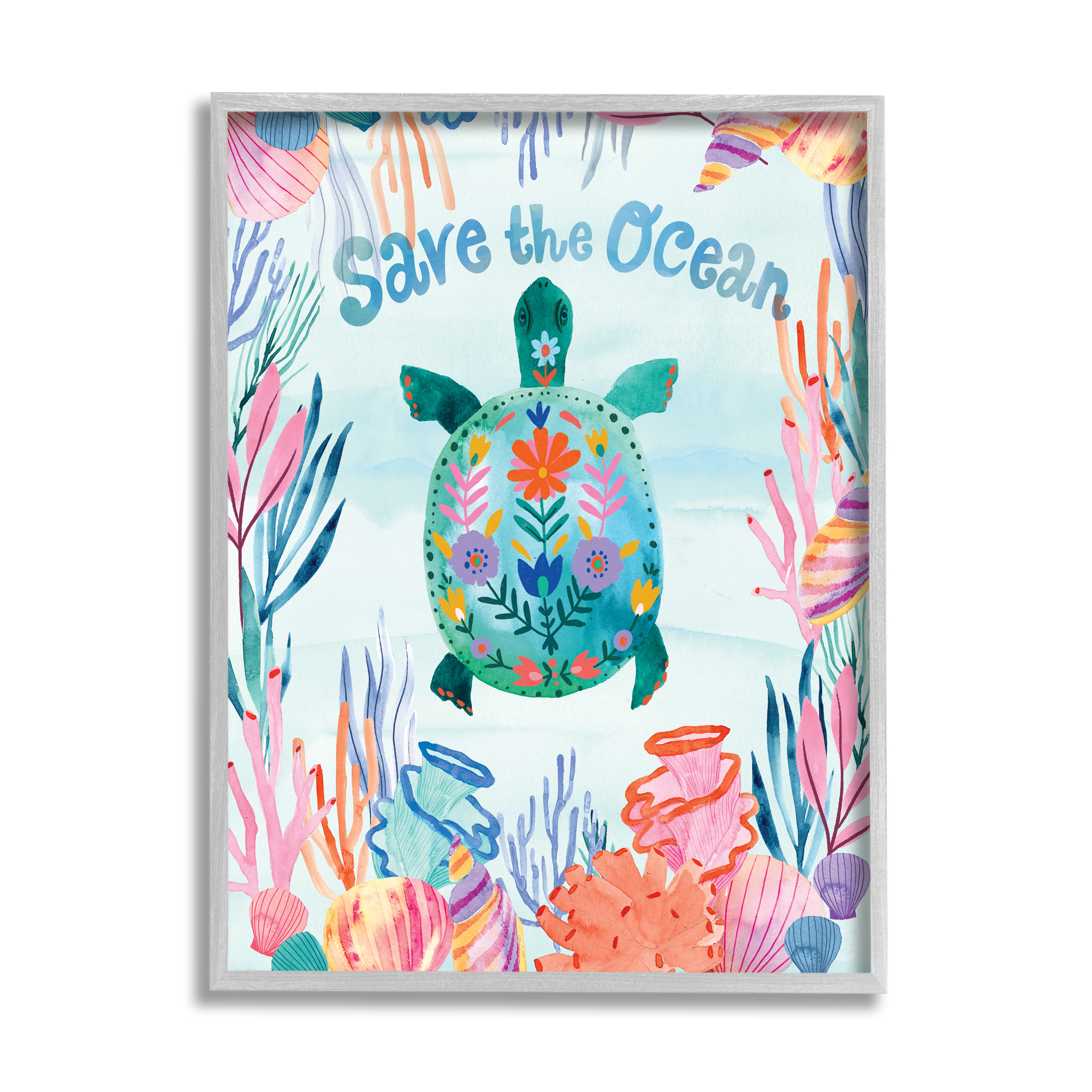 Save the Ocean Sentiments Floral Pattern Tortoise 11 in x 14 in Framed Painting Art Print, by Stupell Home Décor