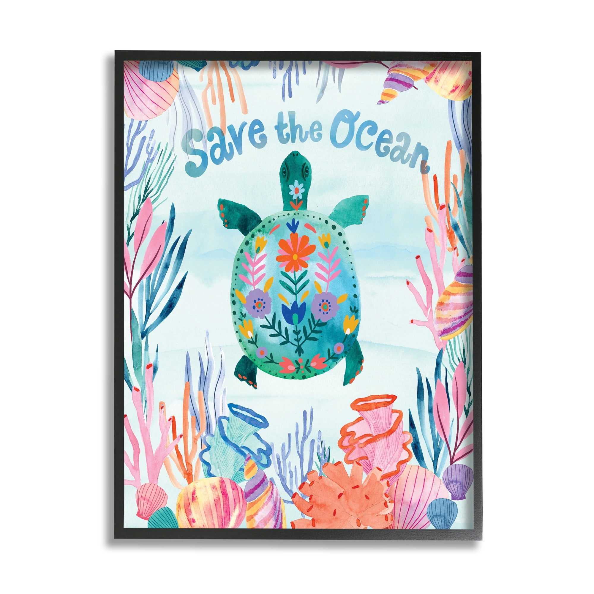 Stupell Industries Save The Ocean Sentiments Floral Pattern Tortoise,16 x 20,Designed by Corinne Lent