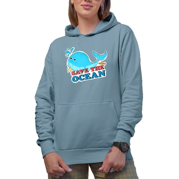 Save the Ocean with Cute Whale Art, Earth Day & Environmentalist Merch Gift, Light Blue Hooded Sweatshirt or Hoodie, XL