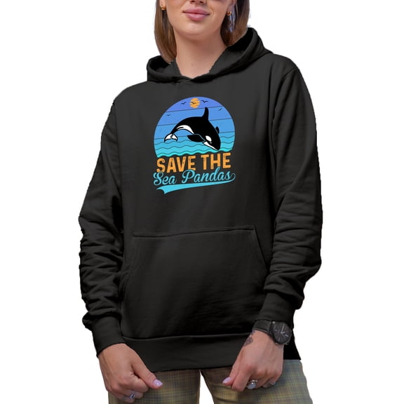 Save the Sea Pandas, Whale Lover or Rescuer Quote, Black Hooded Sweatshirt or Hoodie, Small