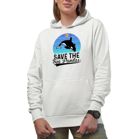 Save the Sea Pandas, Whale Rescuer or Lover, White Hooded Sweatshirt or Hoodie, XL
