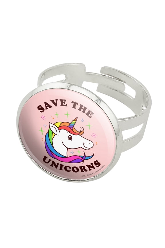 Save the Unicorns Rainbow Funny Humor Silver Plated Adjustable Novelty Ring