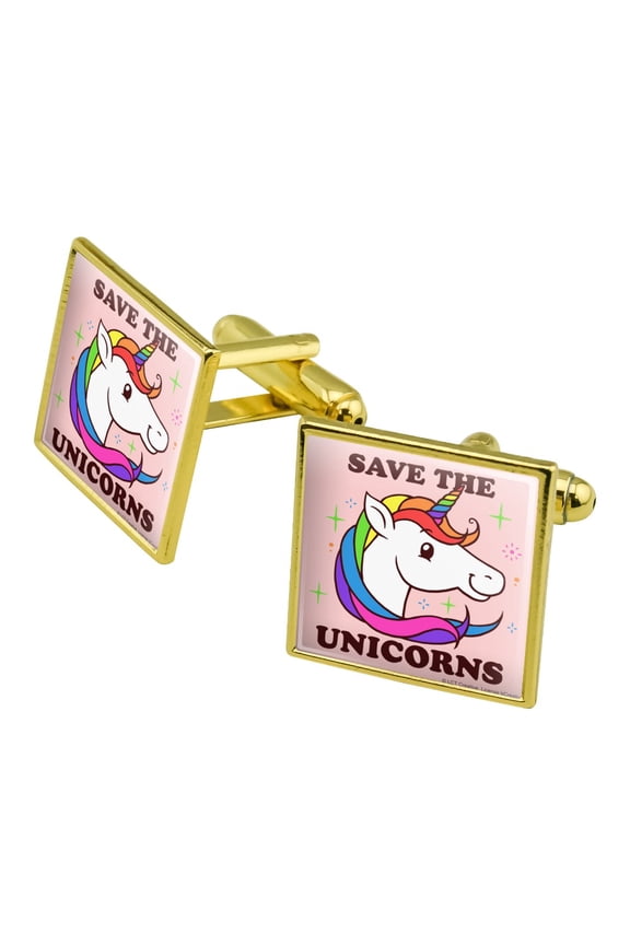 Save the Unicorns Rainbow Funny Humor Square Cufflink Set - Silver or Gold