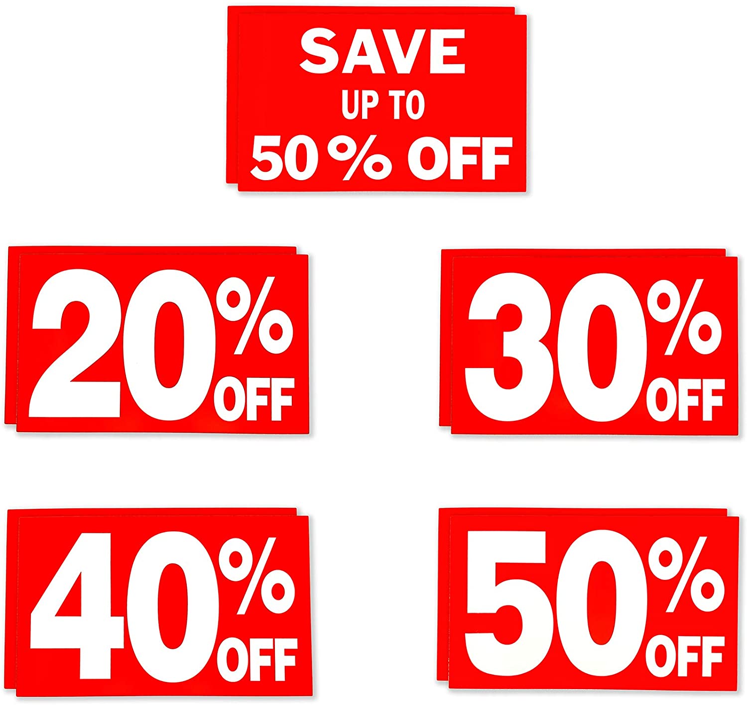 Save up to 50% Off Discount Sale Sign Bundle Pack, 7 x 11: 20%, 30%, 40%  & 50%, 10 Each, 50 Pack