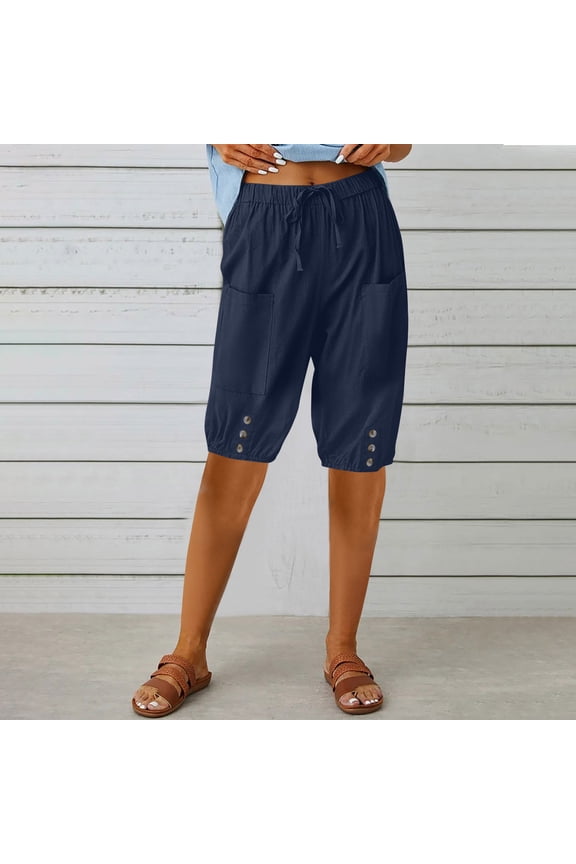 Save up to 65% SEMPAI Women Summer Casual Elastic Waist Solid Color Pocket Capris