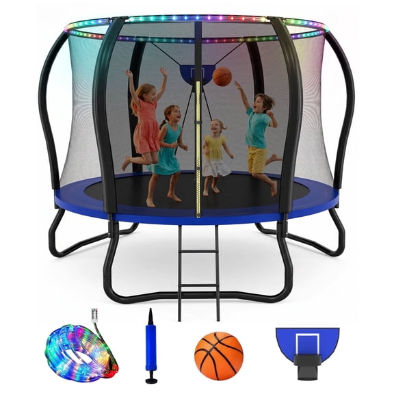 SaveJoy 10FT Trampolines for Kids with Safety Enclosure, Basketball Hoop & Lights, Kids Trampoline Indoor & Outdoor