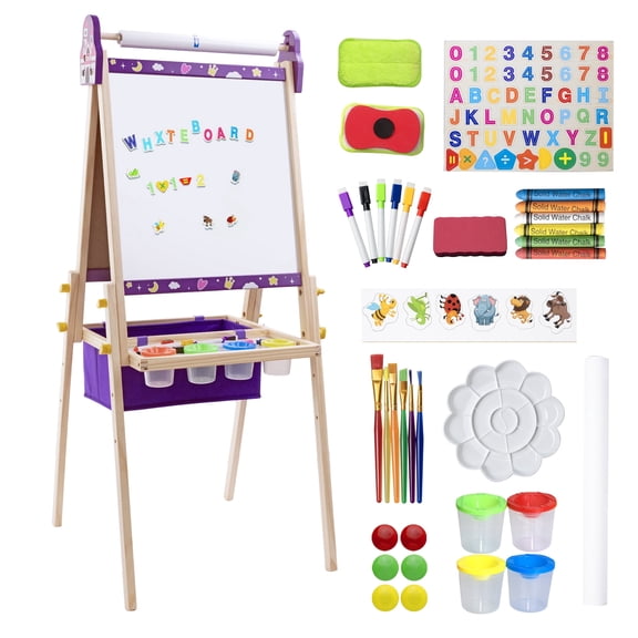SaveJoy 3-in-1 Wooden Double Sided Kids Art Easel,Adjustable Standing Drawing Board with Accessories for Boys & Girls,Purple