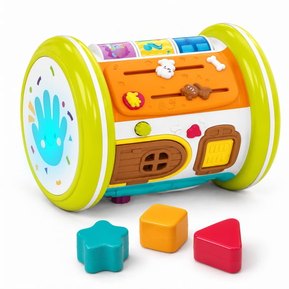 SaveJoy 6-in-1 Musical Activity Drum, Rolling Sensory Toy with Light-Up Hand Drum & Shape Sorter, Montessori Early Learning Gift for Toddlers 1-3