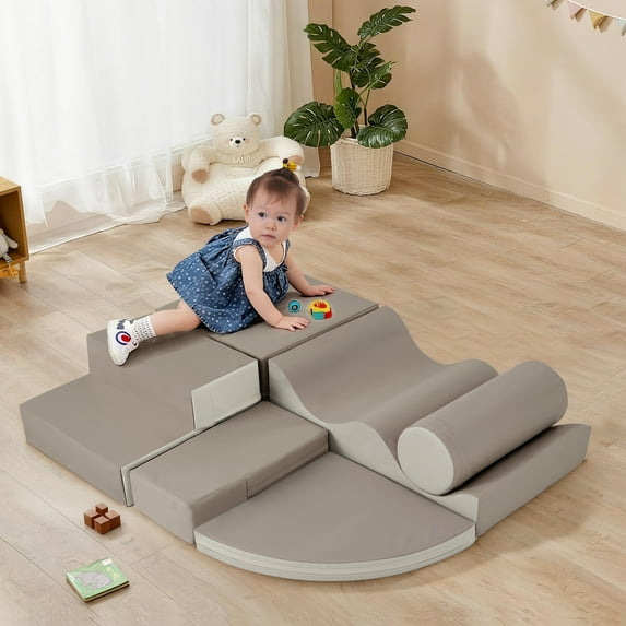 SaveJoy 6-in-1 Soft Climb and Crawl Foam Playset Indoor Active Play Structure for Toddlers and Kids, Brown