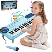 SaveJoy Blue Piano for 1-4 Year Old Kids, 37 Keys Electronic Keyboard Music Toy with Microphone & Stand, Portable Musical Gift for Toddlers