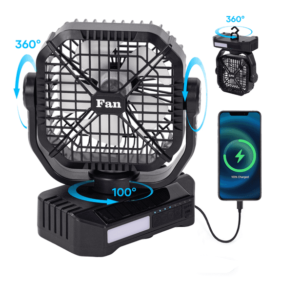 SaveJoy Camping Fan, Rechargeable Travel Fan with LED Lantern & RC, 8000mAh Battery Operated Fan for Outdoor, Office, Bedroom, Fishing, Picnic