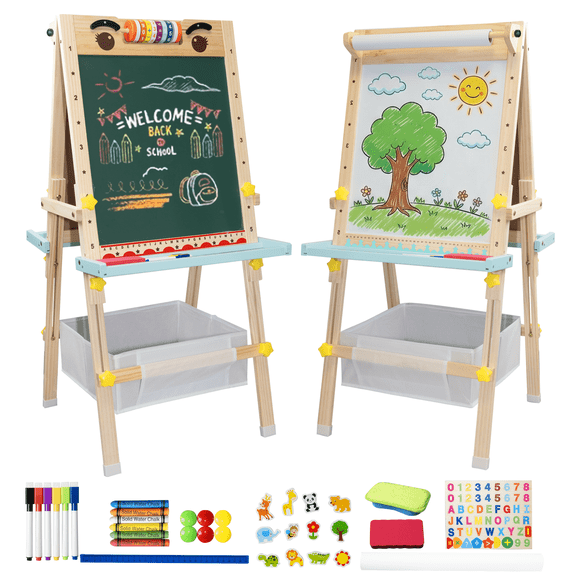 SaveJoy Kids Art Easel with Paper Roll,Double-Sided Adjustable Standing Drawing Board with Accessories Toddlers Easel