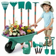 SaveJoy Kids Gardening Tools Set,Toddler Garden Outdoor Toys,Kids Wheelbarrow with Watering Can,Shovel,Rake,Hoe,outdoor toys for kids Age 4-8,Green
