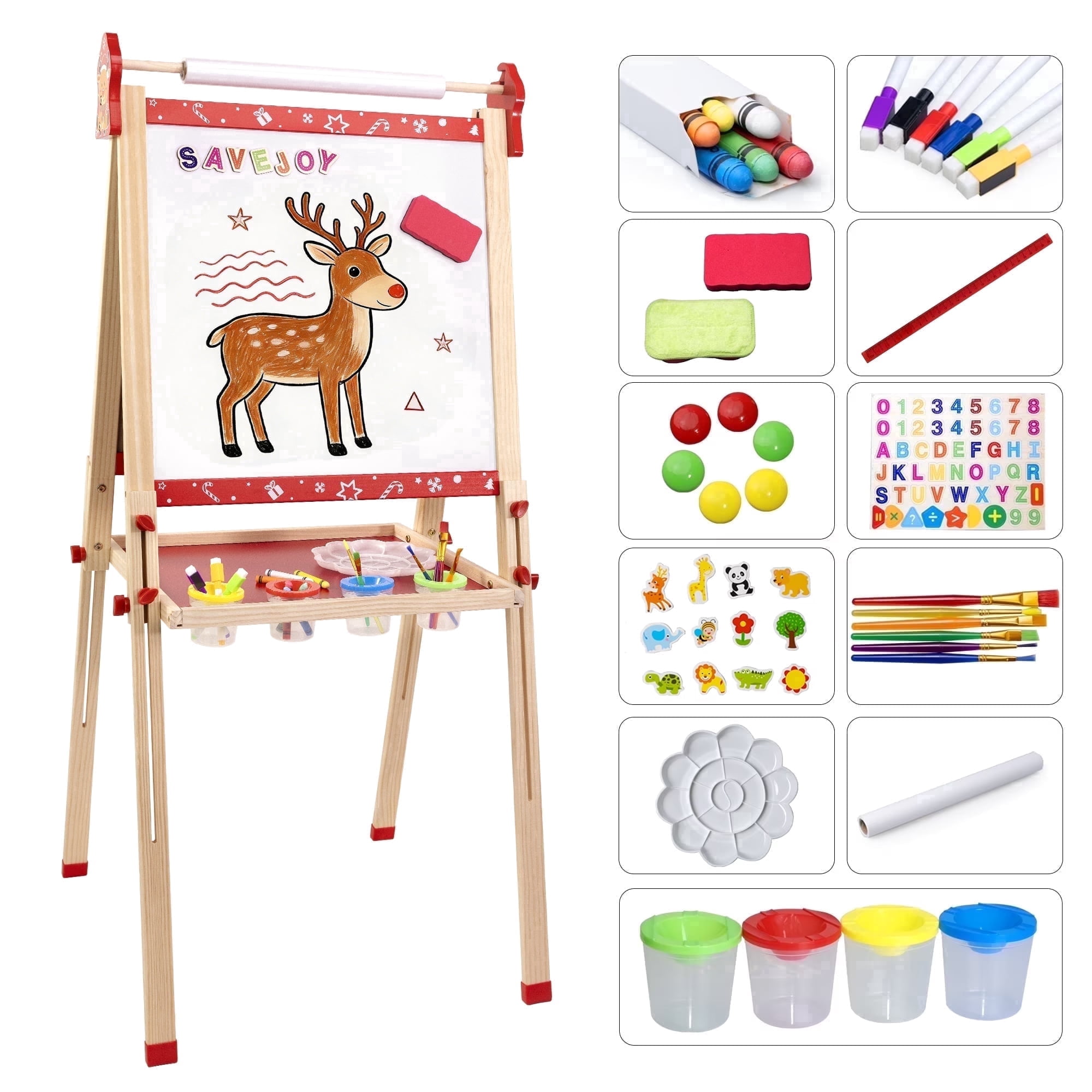 SaveJoy Kids Easel,Reindeer Adjustable Double-Sided Whiteboard,Wooden Toddlers Drawing Chalkboard with Paper & Art Supplies for 3-8 Boys Girls
