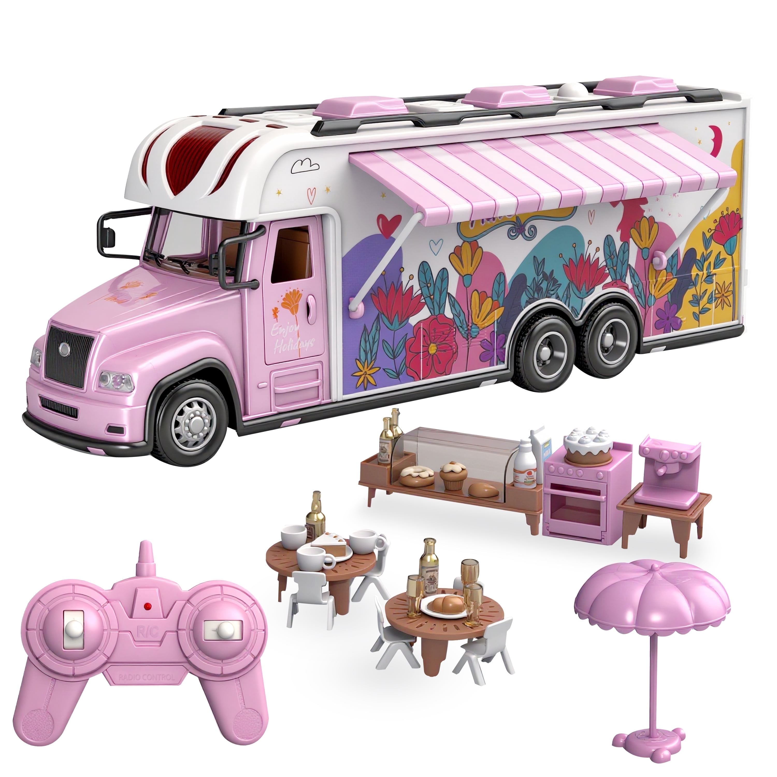 SaveJoy Remote Control Cars, 1:18 RC Car Recreational Vehicle, Toys Campervan RC Motorhome for Kids Boys Girls, with Playset, Pink