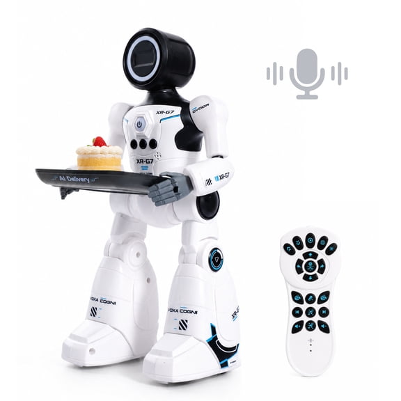 SaveJoy Smart RC Robot Toy for Kids, Voice Controlled with Delivery Tray, Gesture Sensing Programmable Actions Music Dance 2.4GHz Rechargeable Robot