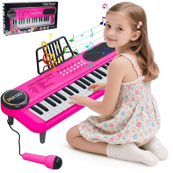 SaveJoy Rose Pink Piano for 1-4 Year Old Kids, 37 Keys Electronic Keyboard Music Toy with Microphone & Stand, Portable Musical Gift for Toddlers