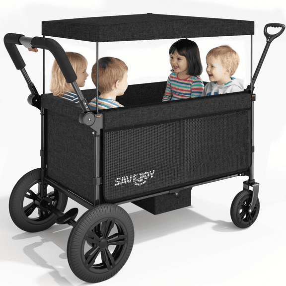 Savejoy 4 Seater Stroller Wagon, Collapsible Wagon Stroller for Toddlers Kids with Canopy Parent Organizer & 5-Point Harness, Black