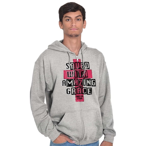 Saved Amazing Grace Christian Unisex Fleece Graphic Zip Up Hoodie Brisco Brands 2X