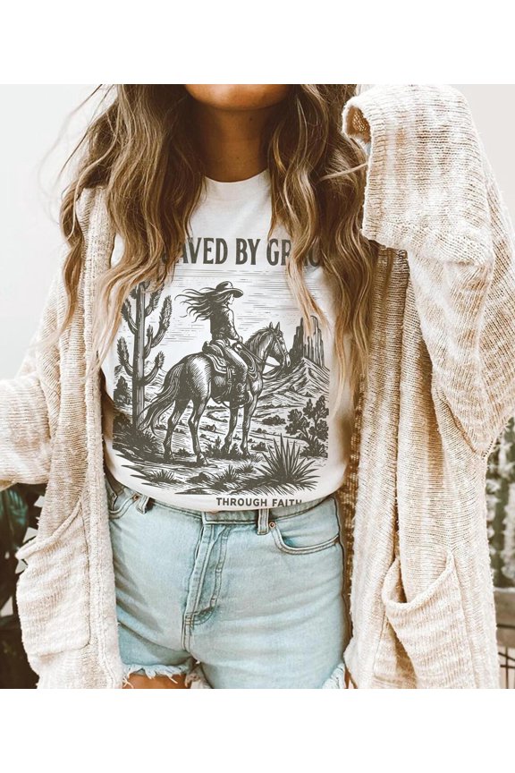 Saved By Grace Christian T-Shirt - Horses Bible Verse Graphic Tee