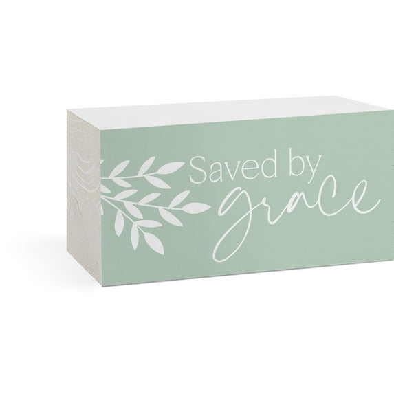 Saved By Grace Mint Green 6.25 x 3 Pine Wood Tabletop Plank Block Sign