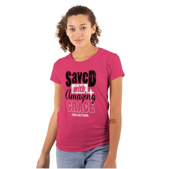 Saved With Amazing Grace Religious Womens Slim Fit Graphic Tee Brisco Brands S