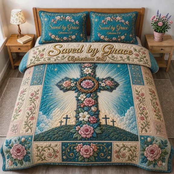 Saved by Grace 3 Piece Quilted Bedding Set, Christian Cross Bedding Set, Floral Faith Bedroom