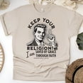 thumbnail image 1 of Saved by Grace Shirt – Keep Your Religion Ephesians 2:8-9 Christian Tee, Sand, Size 2XL, 1 of 6