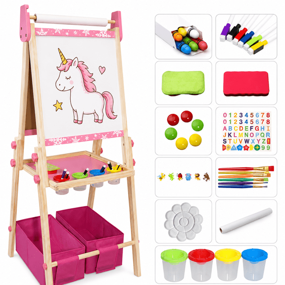 SaveJoy Kids Art Easel 3-in-1 Wooden Double Sided ,Magnetic Whiteboard, Adjustable Standing Drawing Board with Accessories for Boys & Girls,Pink