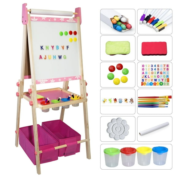 SaveJoy Kids Art Easel 3-in-1 Wooden Double Sided ,Magnetic Whiteboard, Adjustable Standing Drawing Board with Accessories for Boys & Girls,Pink