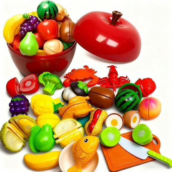 SaveJoy 32pcs Play Food Set for Kids with Storage Box, Kitchen Pretend Play Toys, Cutting Velcro Fruits & Vegetables, Learning Educational Gift for Toddlers