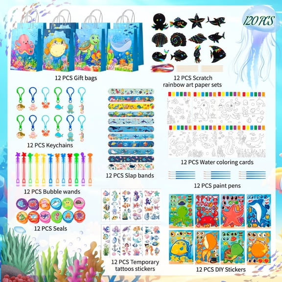 Savers Under The Sea Party Favors, 120pcs Ocean Birthday Party Favors Set Includes Under The Sea Slap Bracelets Bags Scratch Paper etc Under Sea Party Favors for Ocean Birthday Party Decorations V14
