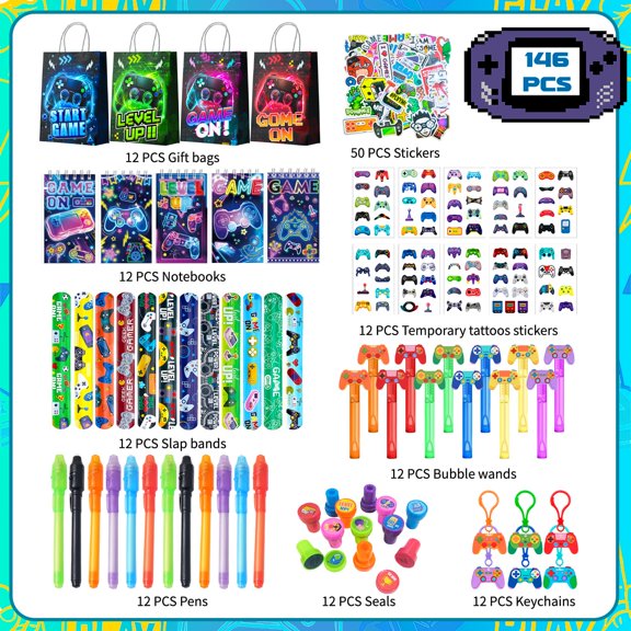 Savers Video Game Party Favors, 146pcs Gamer Party Favors Set Includes Gamer Goodie Bags Slap Bracelets Bubble Wand etc Gaming Theme Birthday Party Favors for Gamer Party Supplies V14