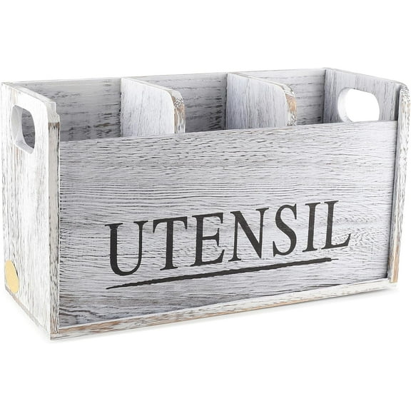 Saverstate Kitchen Utensil Holder Nice Size Utensil Holder for Kitchen Counter 3 Compartment with removable front bar for Efficient Utensil Organizer and Cooking Tools Storage Rustic White
