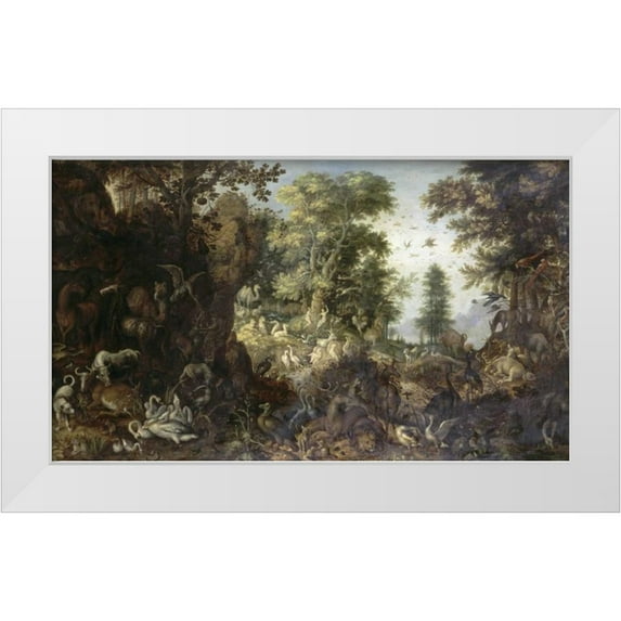 Savery, Roelandt 32x20 White Modern Wood Framed Museum Art Print Titled - The Garden of Eden with Eve Tempting Adam